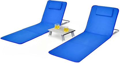 Giantex Beach Chairs for Adults 2 Pack Set with Side Table, Folding Lounge Chairs, 5 Position Adjustable Lawn Chair for Sunbathing, Patio Chaise Lounge Lightweight Backpack Camping Chairs (Navy)