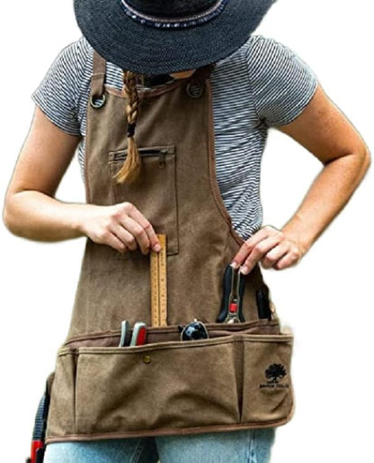 Ironwood Tool Co. 16oz Waxed Canvas Garden Tool Apron with shoulder pads, double stitched pocket, metal grommets for strap