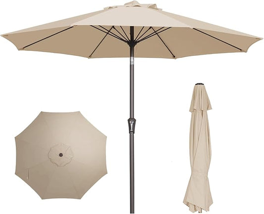 PatioKingdom 9FT Patio Outdoor Umbrella-UPF 50+ Sun Shade with Wind Vent, Push-Button Tilt & Smooth Crank Lift, Rust-Resistant Fiberglass Frame for Garden, Backyard,Yard (Beige, 9FT)