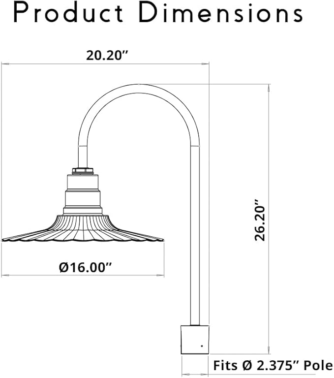 Steel Lighting Co. Highland Park Light | Pole Top Mounted | 16" Radial Wave | Upslope Gooseneck with Slip Fitter for 2-3/8" Standard Poles | Made in America | Matte Black Exterior/Brass Interior