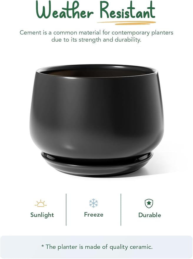 LE TAUCI Ceramic Planters, 12 Inch Pots for Plants, Indoor Plant Pots with Drainage Holes and Saucers, Modern Planters Fit Mid Century Plant Stand, Flower Pots for Indoor Plants, Black