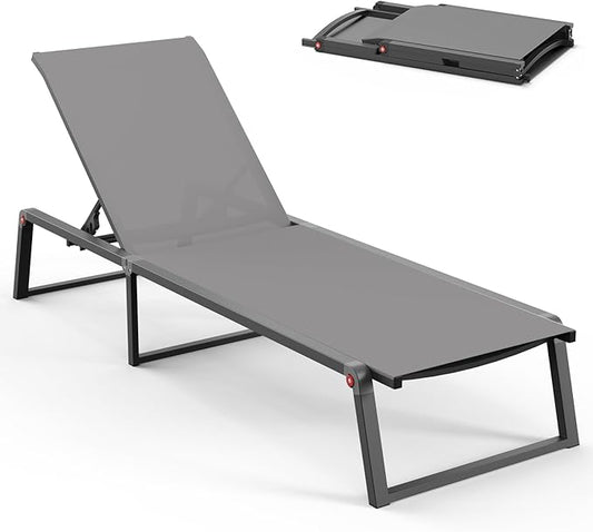 Aluminum Chaise Lounge Chair Outdoor, Foldable& No Assembly Patio Pool Lounge Chairs 5-Position Recliner for Outside, Fully Grounded Legs Sun Lounger for Poolside, Dark Grey