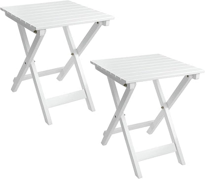 Outdoor Wooden Side Table, Folding Patio End Table Set of 2, Small Square Furniture Table for Adirondack Chair, Balcony, Porch, No Assembly, White