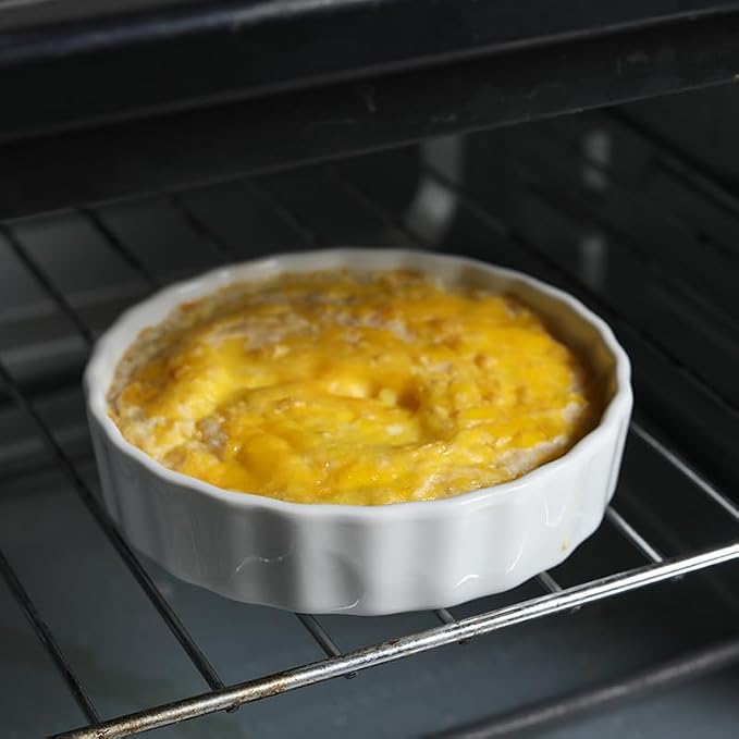 6 Oz Creme Brulee Dishes, Creme Brulee Ramekins Set of 6, Ceramic Brulee Souffles Dishes, Wave Round Ramekins Pie Pan, White Baking Dish for Dessert, Tart, Appetizers, Oven Dishwasher Safe