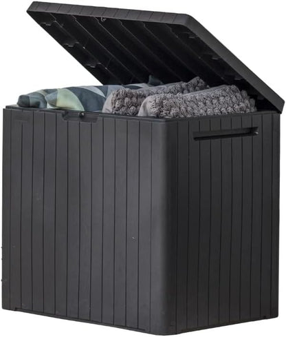Keter City 30 Gallon Resin Outdoor Storage Box and Patio Furniture Side Table for Pool and Garden Accessories, Dark Grey