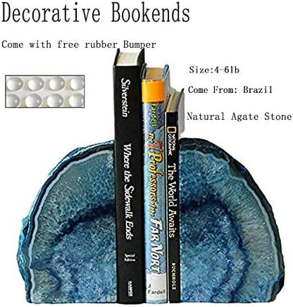 JIC Gem Agate Decorative Book Ends Blue Gemstone Geode Bookends Cool Crystal Bookends for Shelves Book Ends for Heavy Duty Books with Rubber Bumpers for Office and Home Décor (1 Pair,4-6 LBS)