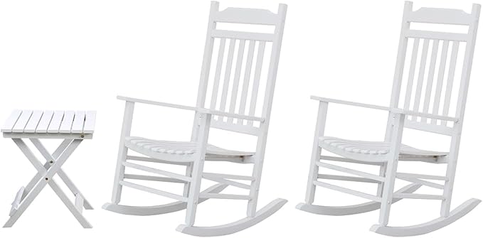 Patio Outdoor Rocking Chairs Small Foldable Side Table Set of 3 Piece Porch Wooden Comfy Rockers Folding End Table Furniture Indoor Outside Camping Balcony Lawn and Bistro, White