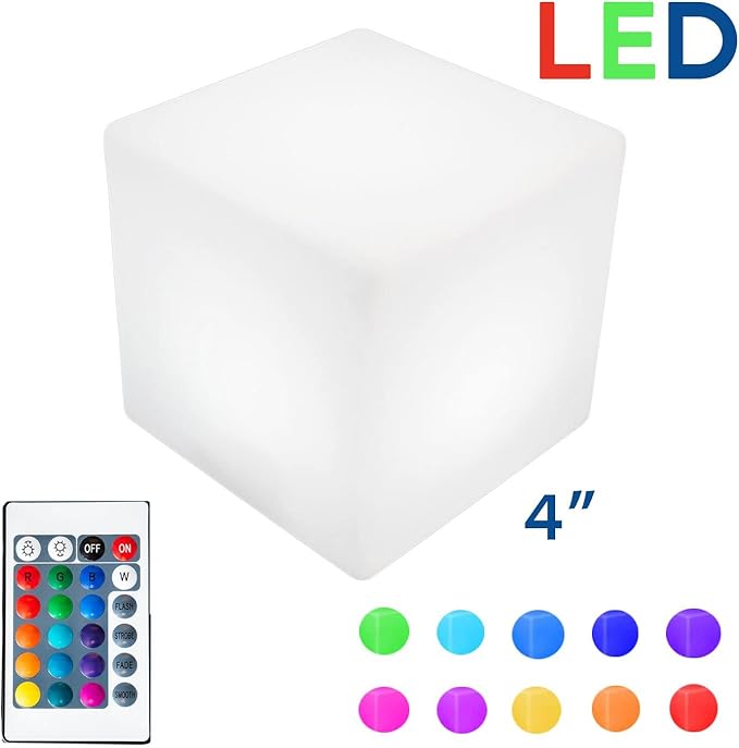 Novelty Lights 4 Inch RGB Cube Rechargeable Night Light, Waterproof Mood Lighting with Remote Control, Color-Changing Glow Cube for Indoor/Outdoor Use