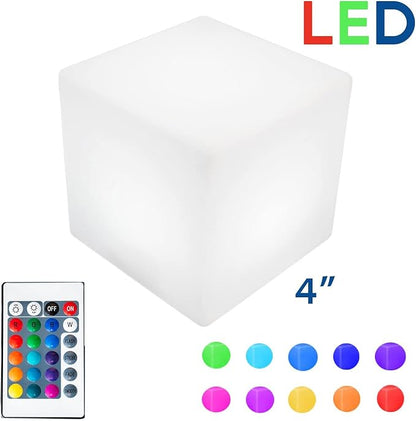 Novelty Lights 4 Inch RGB Cube Rechargeable Night Light, Waterproof Mood Lighting with Remote Control, Color-Changing Glow Cube for Indoor/Outdoor Use