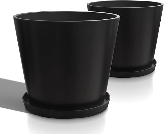 Wide Planters for Outdoor Plants, Extra Large Indoor Flower Pots for Garden, Front Porch, Patio - Round Resin Planter Set of 2 (Black, 20 inch - 2 Pack with Saucers)