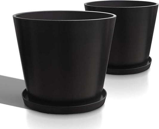 Wide Planters for Outdoor Plants, Extra Large Indoor Flower Pots for Garden, Front Porch, Patio - Round Resin Planter Set of 2 (Black, 16 inch - 2 Pack with Saucers)