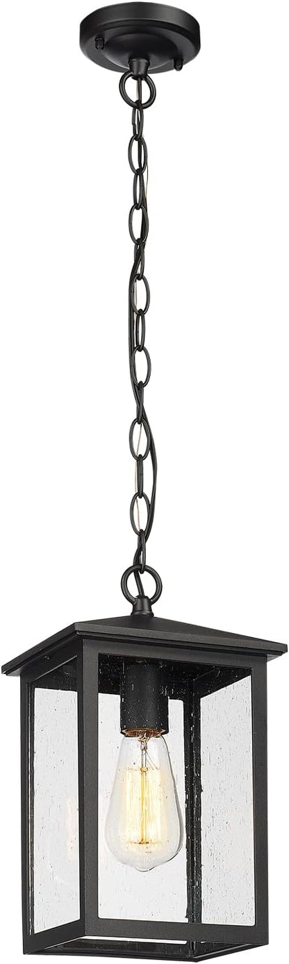 Treekee Outdoor Pendant Lighting, Exterior Hanging Lantern Porch Light, Outside Light Fixture in Black Finish with Seeded Glass, Pendant Lamp for Front, Entry, Patio, Gazebo