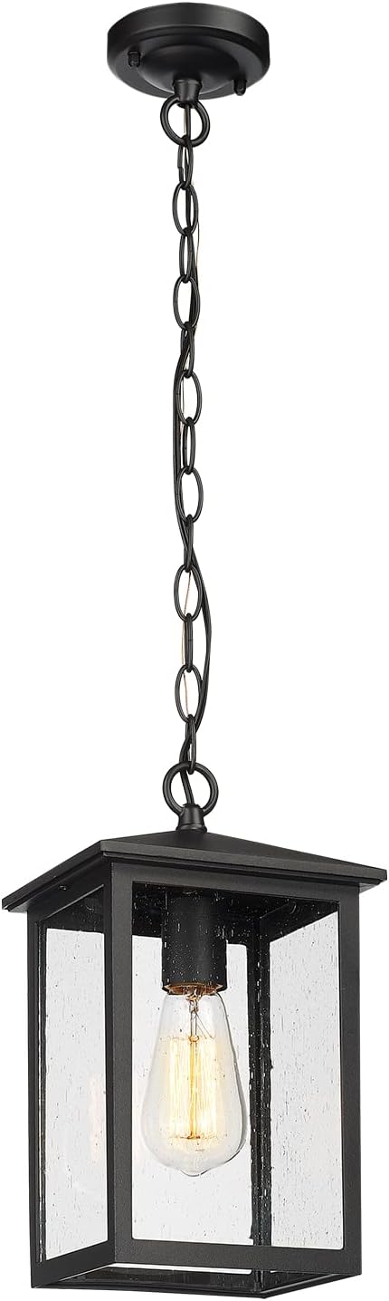 Treekee Outdoor Pendant Lighting, Exterior Hanging Lantern Porch Light, Outside Light Fixture in Black Finish with Seeded Glass, Pendant Lamp for Front, Entry, Patio, Gazebo