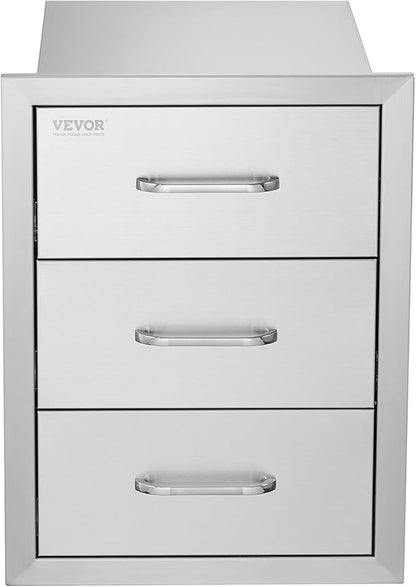 VEVOR Outdoor Kitchen Drawer Cabinets 16" W x 21.5" H x 18" D, BBQ Drawer Stainless Steel, Flush Mount Triple Access, with Handle, BBQ Island, Outdoor Grill Patio Grill Station