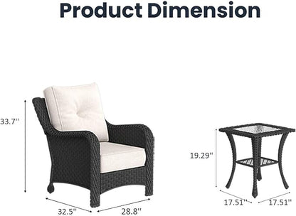 3 Pieces Outdoor Patio Furniture Sets with Single Chairs with 6-inch Thick Cushion and Side Table for Deck Lawn