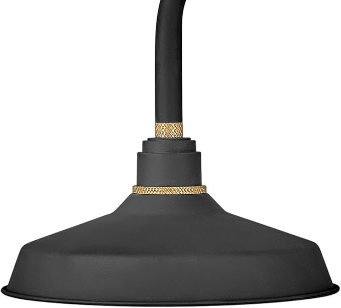 Hinkley Foundry Classic Medium Straight Arm Barn Light - Aluminum, Dark Sky Compliant, Industrial, 23.75" Extension, 12" Shade - Textured Black Finish with Brass Accent