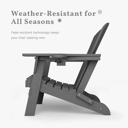Folding Adirondack Chairs with Cup Holders, Set of 4 HDPE Plastic Outdoor Chairs, Weather Resistant, Real Wood Look, Heavy-Duty Patio Furniture for Deck, Fire Pit, Backyard, Gray