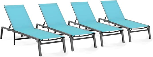 Ciokea Patio Chaise Lounge Chair Set of 4, Foldable Lounge Chair for Outside, Aluminum Chairs with 5 Adjustable Backrest, Outdoor Pool Lounger for Poolside, Lawn, Patio, Lake Blue