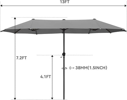 GREEN PARTY 13ft Rectangle Patio Umbrella, Double Sided Outdoor Table Umbrella with Crank & 1.5" Pole, Large Market Umbrella for Poolside Garden Deck Backyard, Smoky Gray