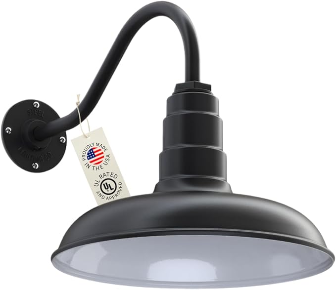 Steel Lighting Co. Topanga Barn Light | Outdoor Wall Mounted | Farmhouse Garage Light Made in America | 14 inch Dome | 16 inch Gooseneck | Matte Black Exterior/White Interior