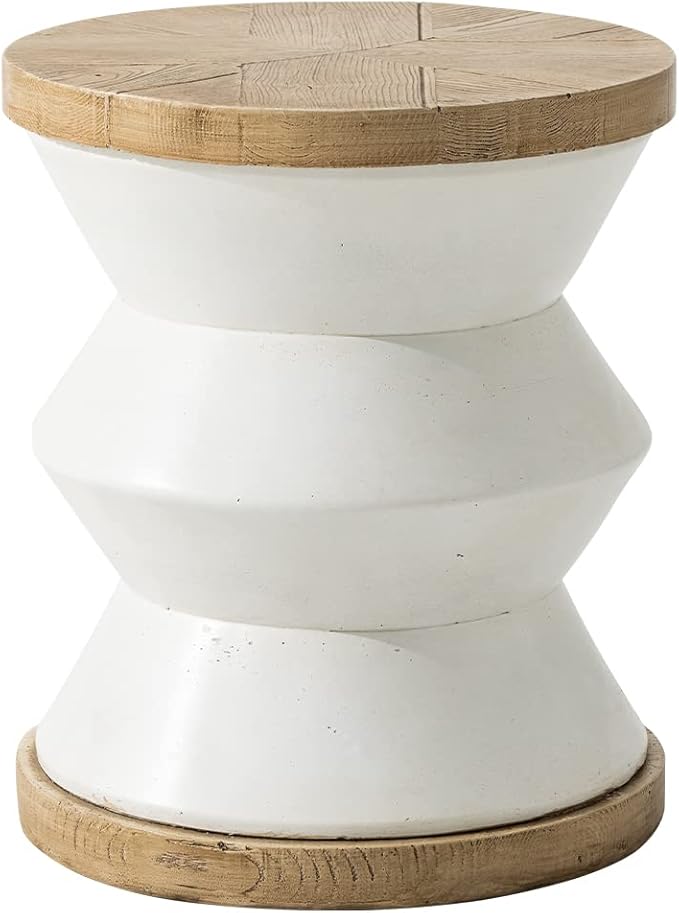 HOMPUS Unique Outdoor Concrete Side Table w Wood Grain Tabletop, Modern Vintage MgO Patio End Table, Lightweight Functional Small Accent Table for Indoor Outdoor Use, Garden, Deck, Poolside