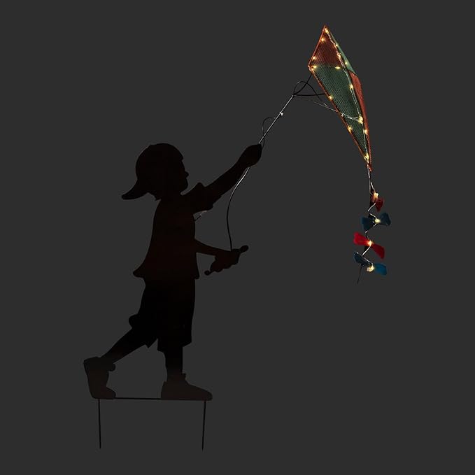 Alpine Corporation 41" Tall Outdoor Solar Powered Garden Stake Boy Silhouette Flying Kite with LED Lights
