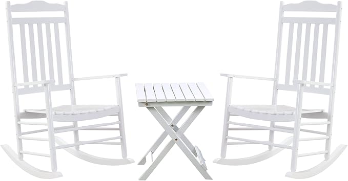 Outdoor Patio Wooden Rocking Chairs Set 3 Piece, Furniture Comfy Rockers for Adults Porch Lawn Room Outside Indoor, White