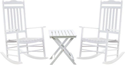 Outdoor Patio Wooden Rocking Chairs Set 3 Piece, Furniture Comfy Rockers for Adults Porch Lawn Room Outside Indoor, White
