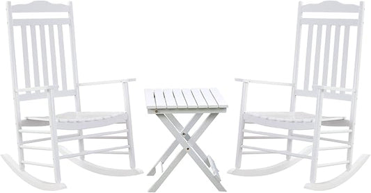 Outdoor Patio Wooden Rocking Chairs Set 3 Piece, Furniture Comfy Rockers for Adults Porch Lawn Room Outside Indoor, White