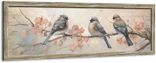 Rustic Chickadee Framed Wall Art: Vintage Bird Wooden Painting Colorful Cute Sparrow Picture Pink Flower Branch Prints Countryside Artwork Decor for Living Room Bedroom Farmhouse