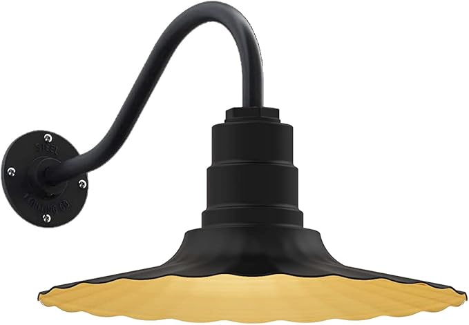 Steel Lighting Co. Highland Park Barn Light | Outdoor Wall Mounted | 16 inch Radial Wave | 16 inch Gooseneck | Vintage Style Made in America | Matte Black Exterior/Brass Interior