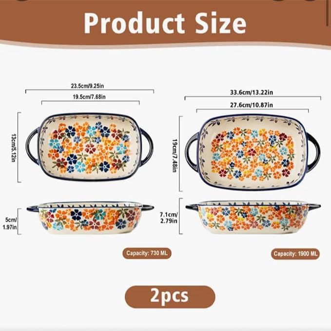 Ceramic Baking Dish with Handles, Hand-painted Polish Pottery Baking Dish Set of 2,Baking Pan Lasagna Pan, Rectangular, Floral Pattern, Oven Safe, 13.22x7.5x2.8 Inch (orange)