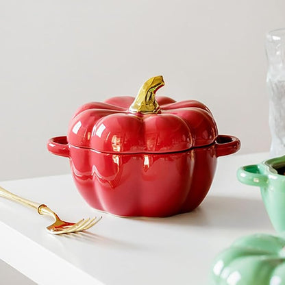 Pumpkin Bowl Set with Lid and Handle, Set of 2 Ceramic Ramekins for Baking, Casserole Dish Individual Severing Pot, Stoneware, Oven Safe, 14 Oz (Red and Green)