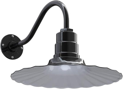 Steel Lighting Co. Highland Park Barn Light | Outdoor Wall Mounted | 16 inch Radial Wave | 16 inch Gooseneck | Vintage Style Made in America | Black Exterior/White Interior