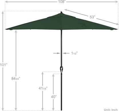 California Umbrella 9' Rd Aluminum Patio Umbrella, Crank Lift, Auto Tilt, Black Finish, Sunbrella Forest Green