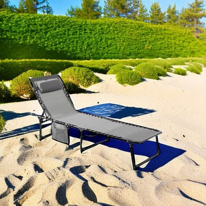 MUPATER 4-Fold Patio Chaise Lounge Chair for Outdoor with Detachable Pocket and Pillow, Portable Sun Lounger Recliner for Beach, Camping and Pool, Grey