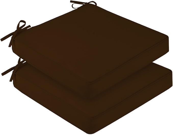downluxe Waterproof Outdoor Chair Cushions Set of 2, 19" x 19" x 3" Patio Chair Cushion with Non-Slip Ties & Handle, Square Outdoor Cushion for Patio Furniture with Removable Cover, Brown
