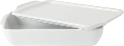 Gibson Home Gracious Dining 2.6-Qt White Stoneware Covered Baking Dish w/Multi-Purpose Lid – 12.7" x 9" Rectangular Oven Safe Casserole, Lasagna & Roasting Baker, Lid Doubles as Serveware or Trivet