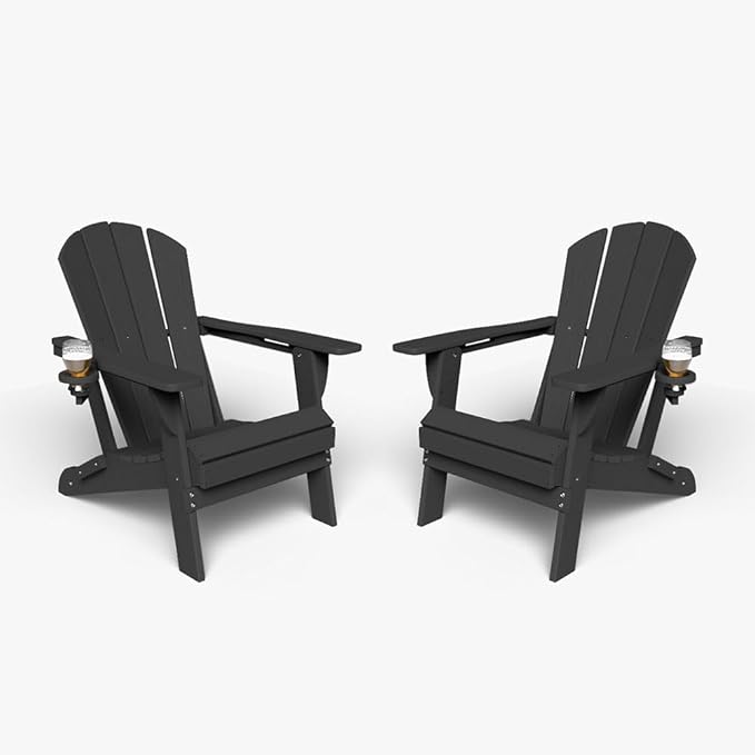 Folding Adirondack Chair with Cup Holders Set of 2, HDPE Plastic Outdoor Chairs, Weather Resistant, Real Wood Look for Patio, Deck, Fire Pit, Backyard, Black