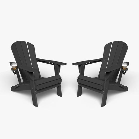 Folding Adirondack Chair with Cup Holders Set of 2, HDPE Plastic Outdoor Chairs, Weather Resistant, Real Wood Look for Patio, Deck, Fire Pit, Backyard, Black