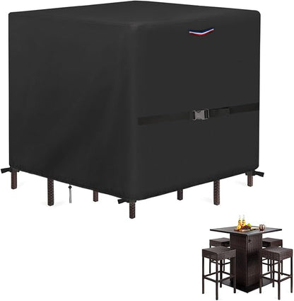Outdoor Wicker Table Set Cover, Waterproof Cover for 5 Piece Square Patio Bar Height Table & Chair Sets, Heavy Duty Outdoor Bar Tables and Stools Sets Covers - 60"L x 60"W x 38"H