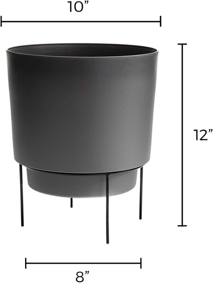 Bloem Hopson Decorative Resin Cachepot with Metal Stand, 10" Indoor and Outdoor Planter with Black Metal Stand, Charcoal