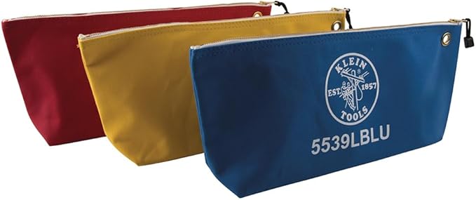Klein Tools 5539LCPAK Zipper Bags, Large 16-Inch Canvas Tool Pouches for Tool Storage with Brass Zipper, and Grommet for Hanging, 3-Pack
