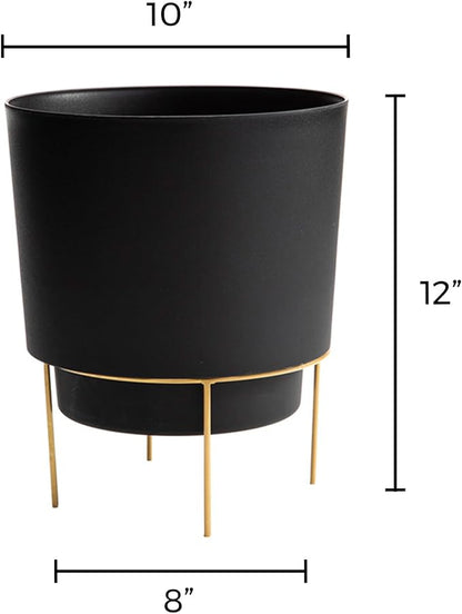 Bloem Hopson Decorative Resin Cachepot with Metal Stand, 10" Indoor and Outdoor Planter with Gold Metal Stand, Black