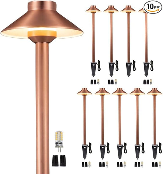 Gardenreet Outdoor Brass Low Voltage Driveway Lights, Copper Electric Waterproof Pathway Lighting, Wired Bronze Hat Top Path Lights for Sideway Garden Patio with 3W 270LM 5000K G4 Bulb 10 Pack