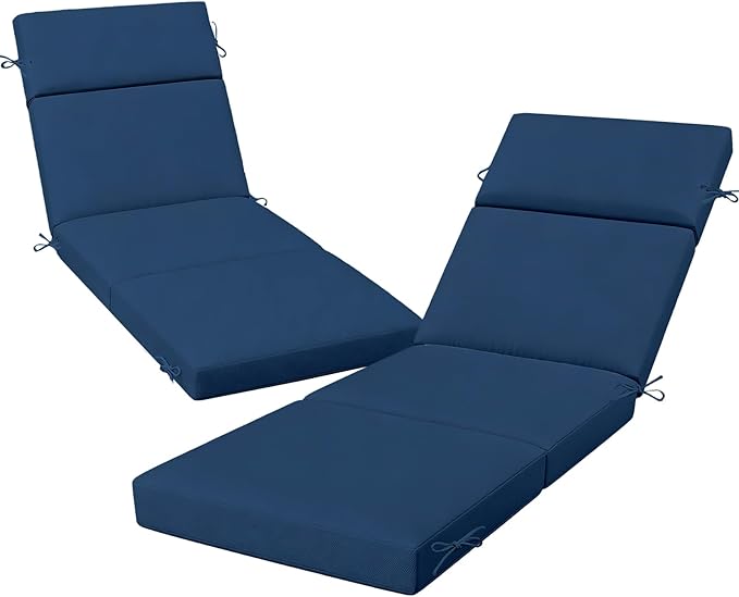 2 Pcs Outdoor Chaise Lounge Cushion 72" x 21" x 3", 4-Section Folding Patio Lounge Chair Cushion with Ties, Waterproof & Fade Resistant Replacement Cushion for Pool, Patio, Deck (Blue, 2 Pcs)