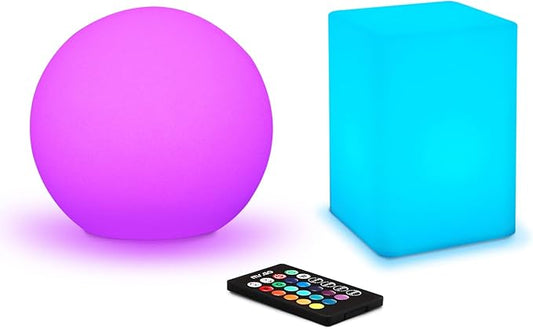 Mr.Go 6-inch LED Ball Light and 6-inch LED Cube Light Bundle, Remote Control, 16 RGB Colors 4 Modes, Dimmable, Rechargeable, Waterproof, Great as Night Light Mood Lamp Ambient Lighting Decorations