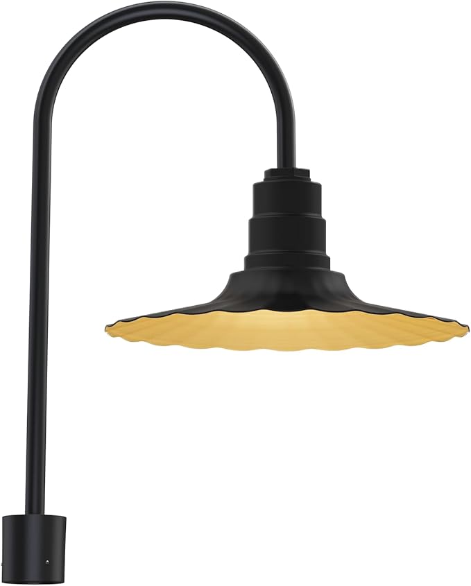Steel Lighting Co. Highland Park Light | Pole Top Mounted | 16" Radial Wave | Upslope Gooseneck with Slip Fitter for 2-3/8" Standard Poles | Made in America | Matte Black Exterior/Brass Interior