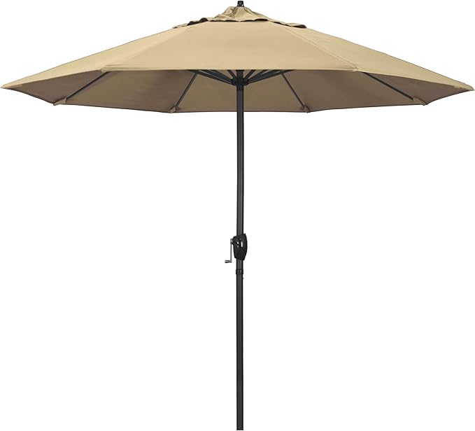 California Umbrella 9' Rd Aluminum Patio Umbrella, Crank Lift, Auto Tilt, Black Finish, 4yr Fade Warranty, Antique Beige
