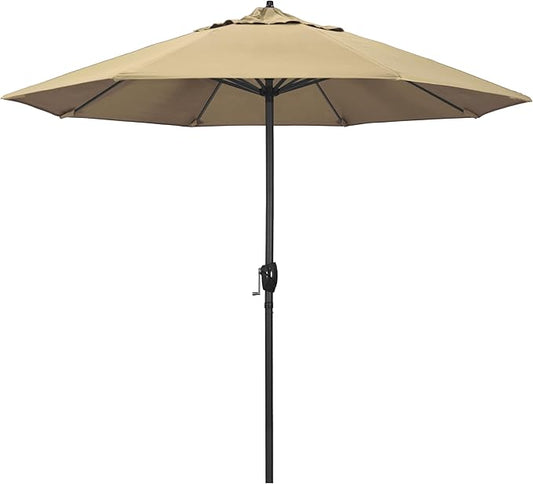 California Umbrella 9' Rd Aluminum Patio Umbrella, Crank Lift, Auto Tilt, Black Finish, 4yr Fade Warranty, Antique Beige